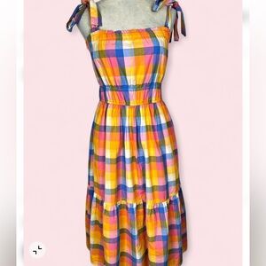 Free Assembly Tie-Shoulder Plaid Maxi Dress in Yellow, Pink & Blue